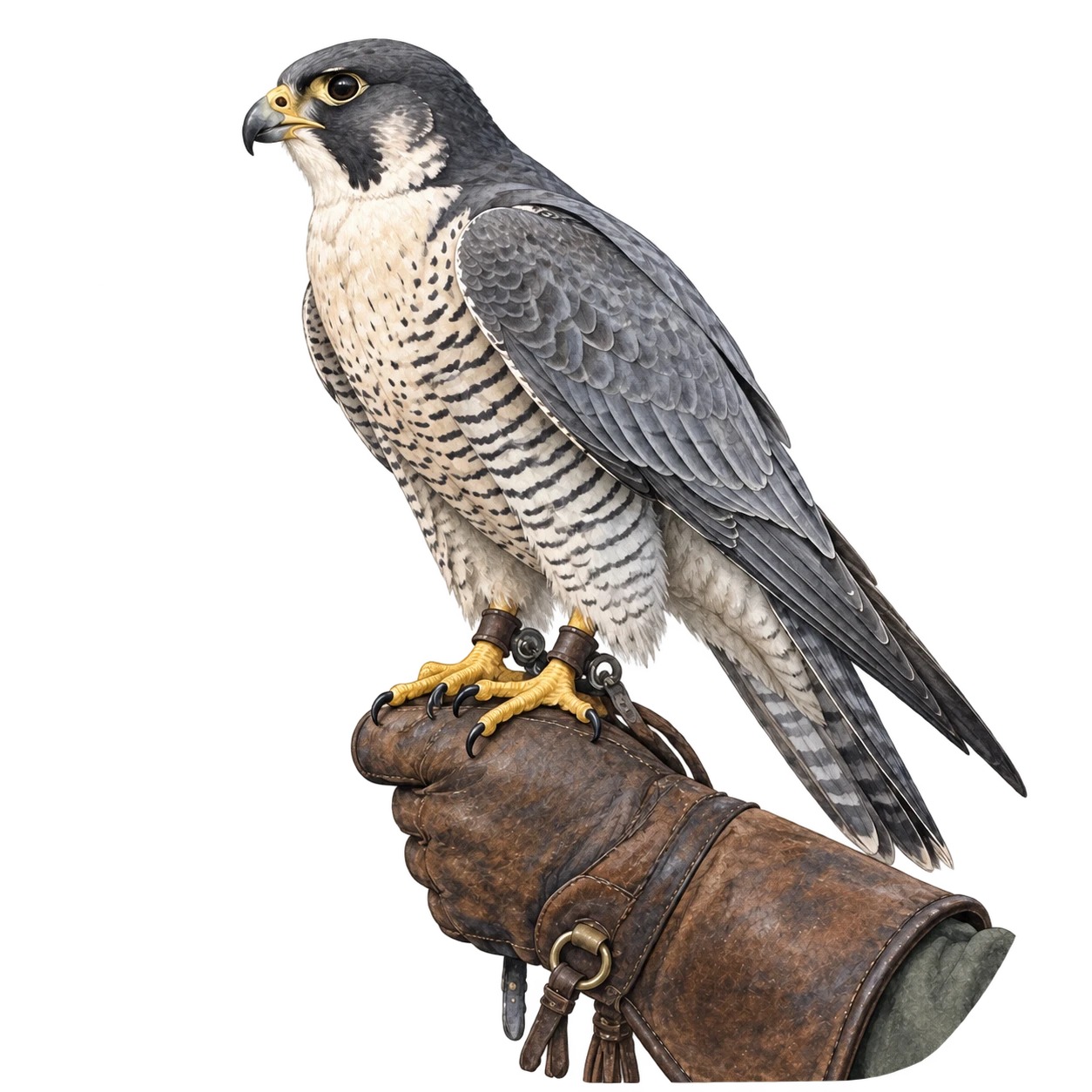 A Peregrine Falcon perched on a leather falconer’s glove