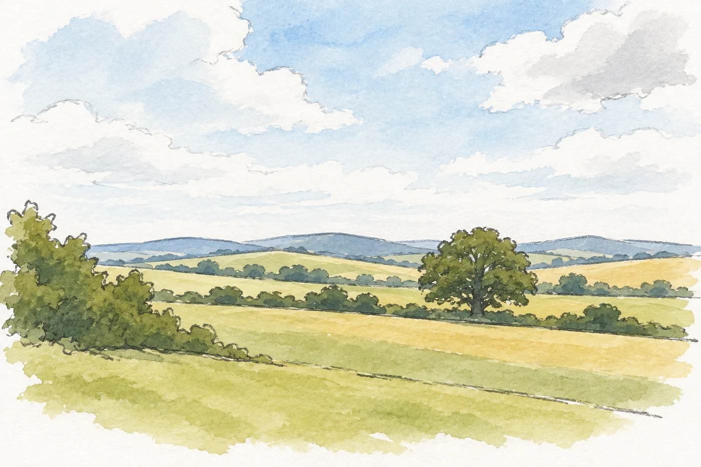 Open meadows, fields and varied hedgerow landscape