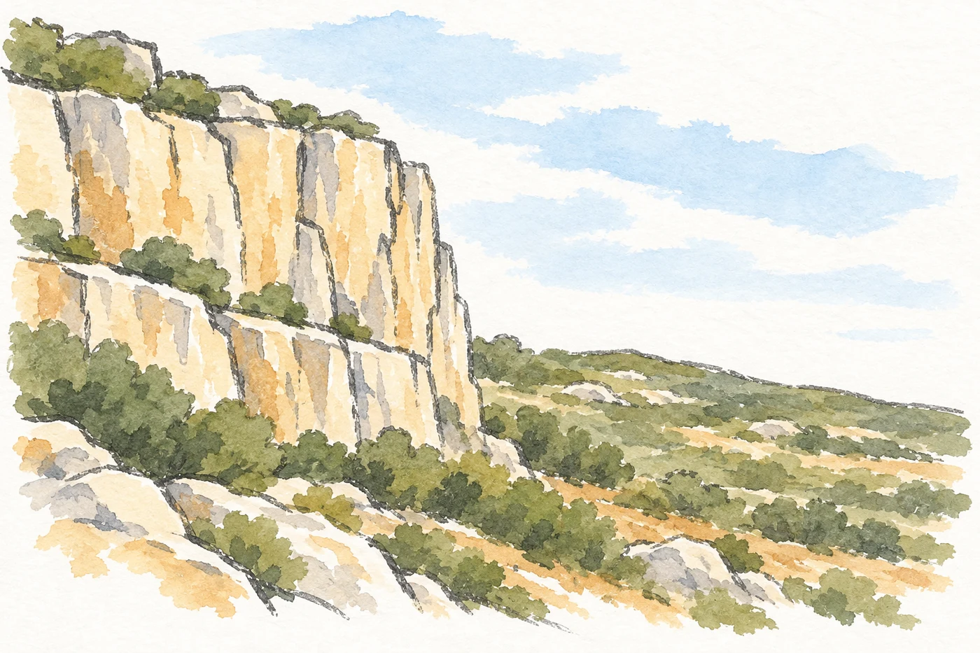 Rock faces and ledges above open scrubland