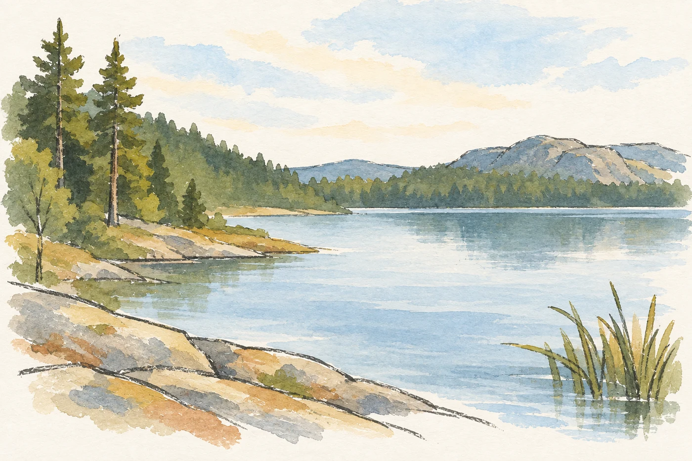 Large lake with reed-fringed shores and adjacent forest