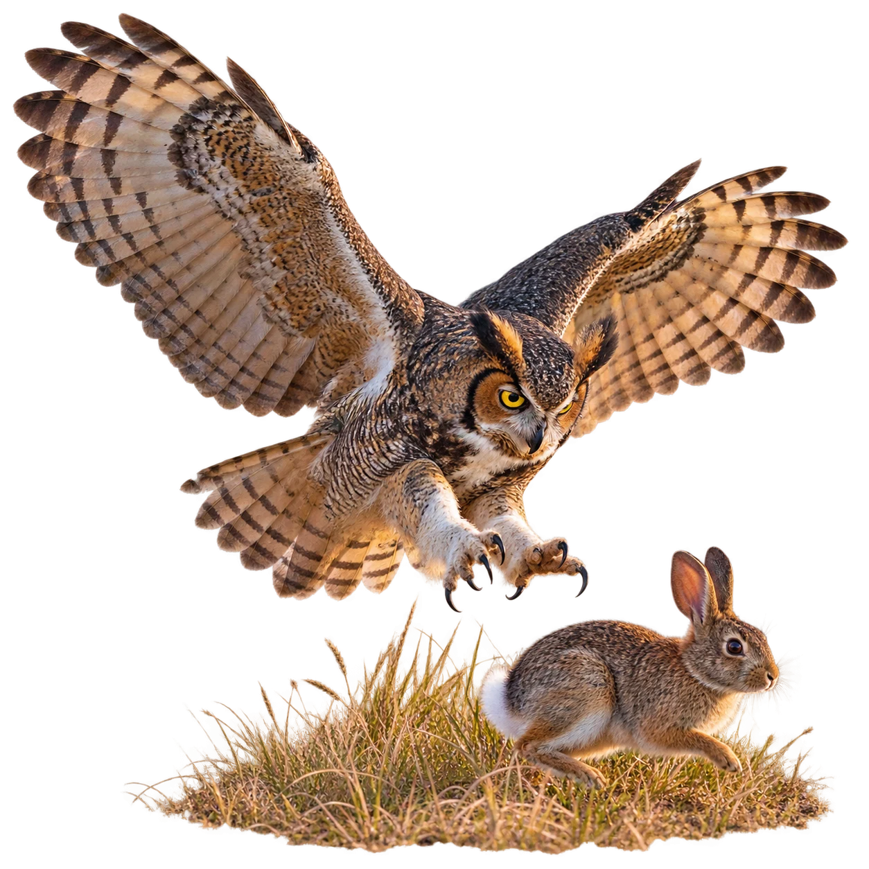 Great Horned Owl: Perch hunting · Silent flight · Scavenging