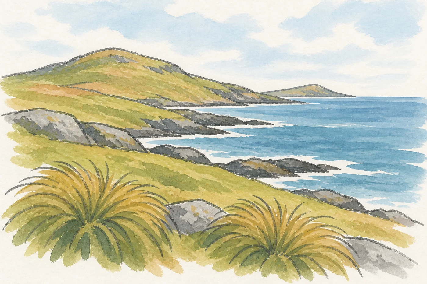 Treeless rocky island coast with tussock grass and sea