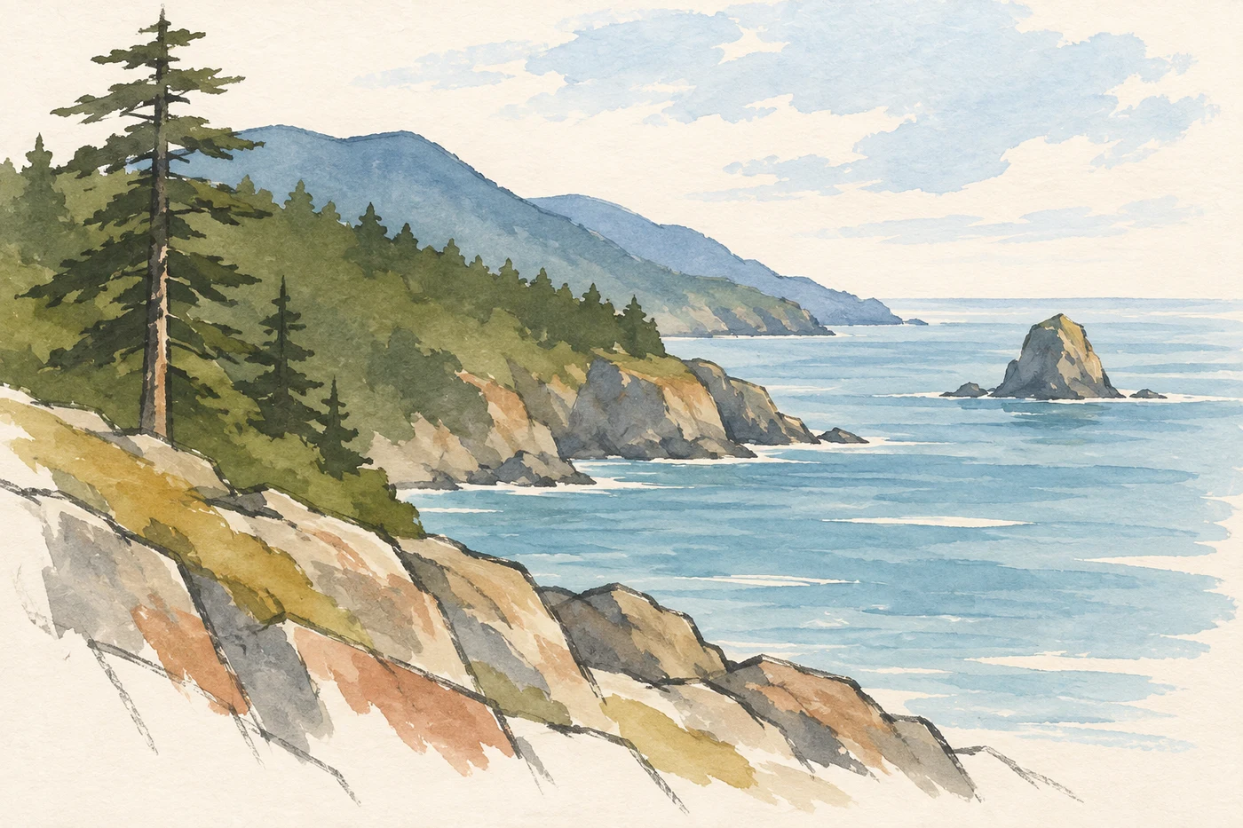 Rocky coast with open sea and wooded slopes