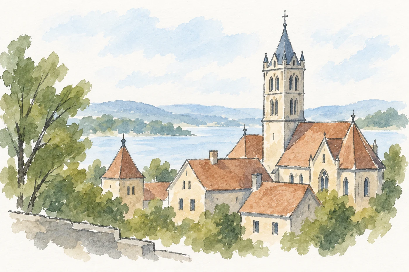 Tall towers and roofs in a European city